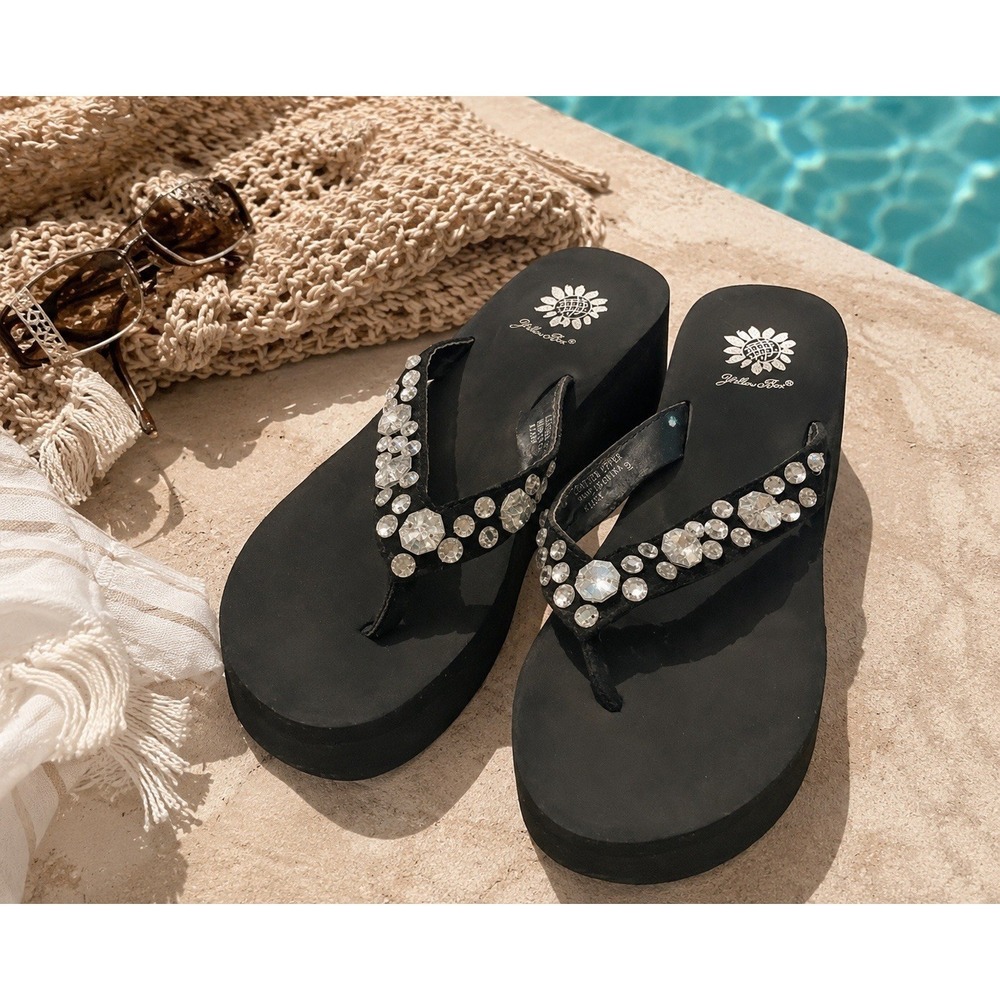 Y2K Yellow Box Rhinestone Platform Flip Flops Womens 9 Black Jewel Wedge Sandal
